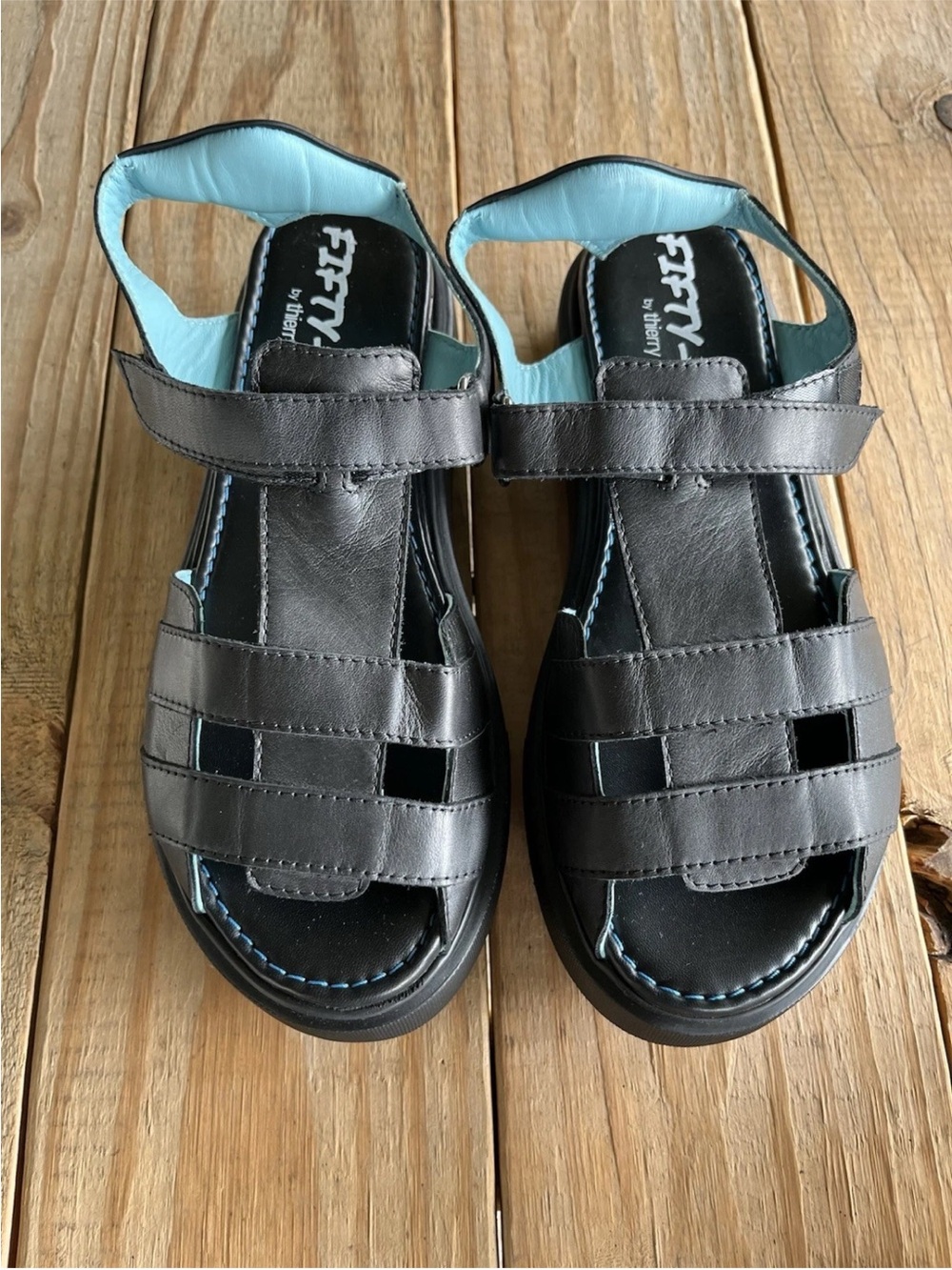 Thierry Rabotin Black Leather Fisherman Sandals with Light Blue Lining